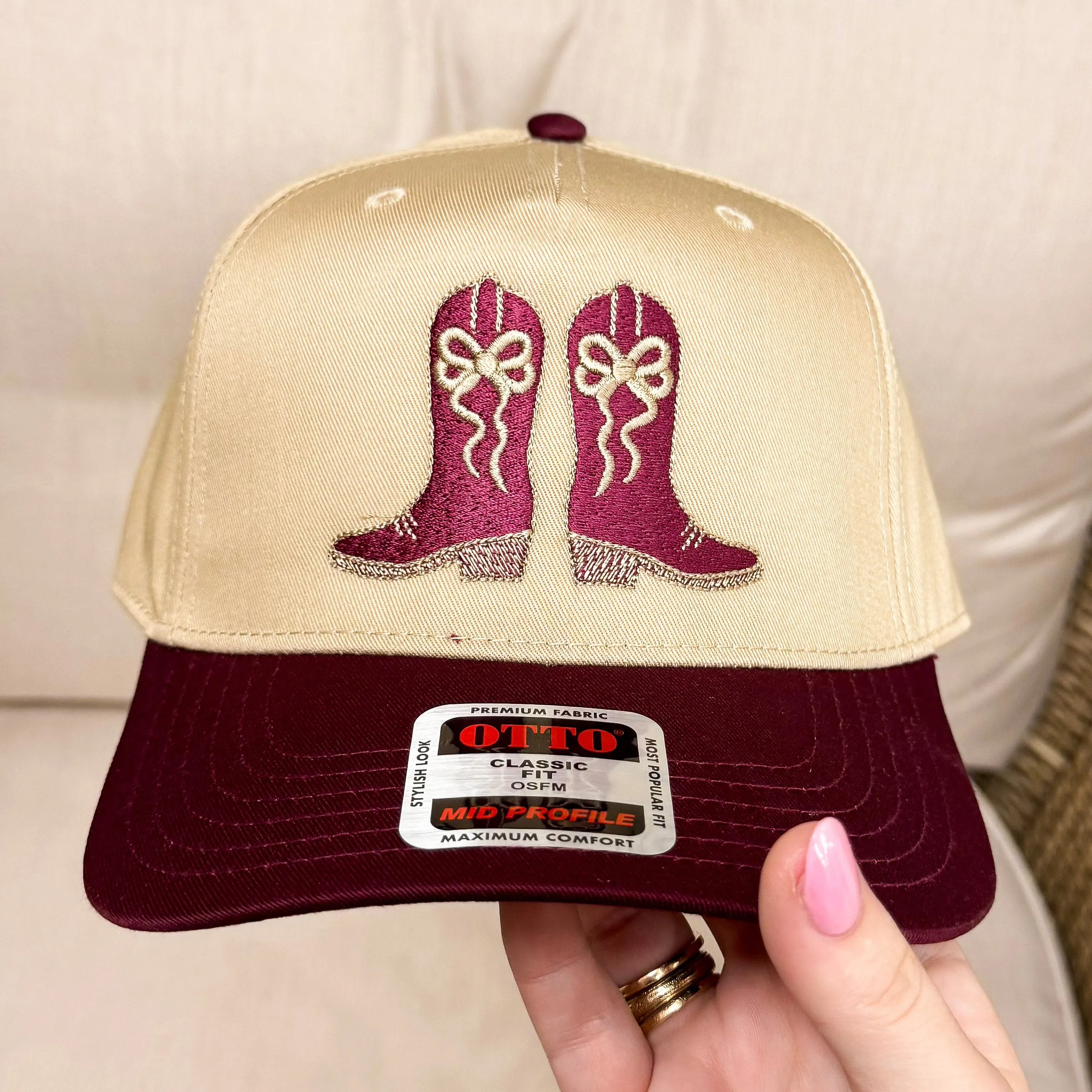 Boot Scoot and Boogie Western Boot with Bows Trucker Hat in Khaki and Maroon