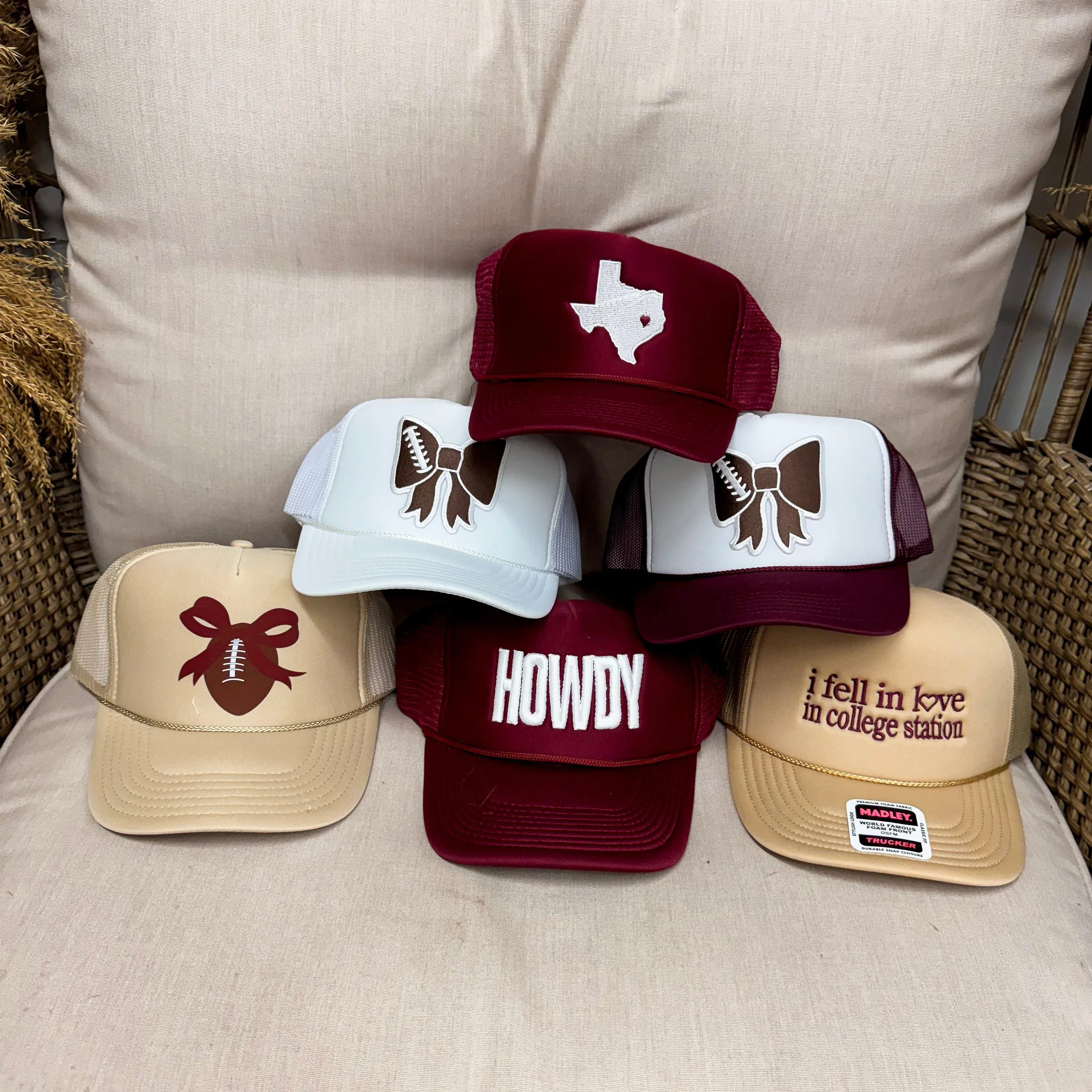 Boot Scoot and Boogie Western Boot with Bows Trucker Hat in Khaki and Maroon