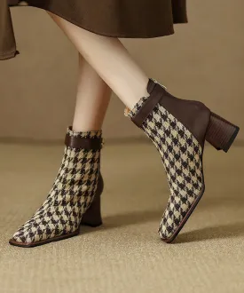 French Brown Plaid Splicing Chunky Boots