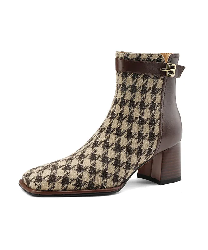 French Brown Plaid Splicing Chunky Boots