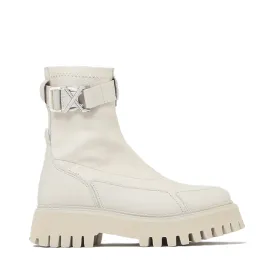 Groovy Stretch Buckle White Ankle Boots