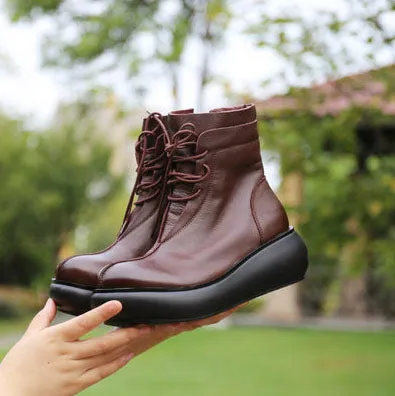 Handmade Comfortable Lace-up Retro Wedge Boots