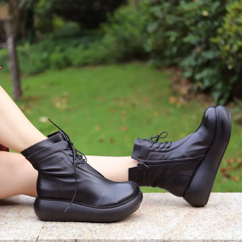 Handmade Comfortable Lace-up Retro Wedge Boots