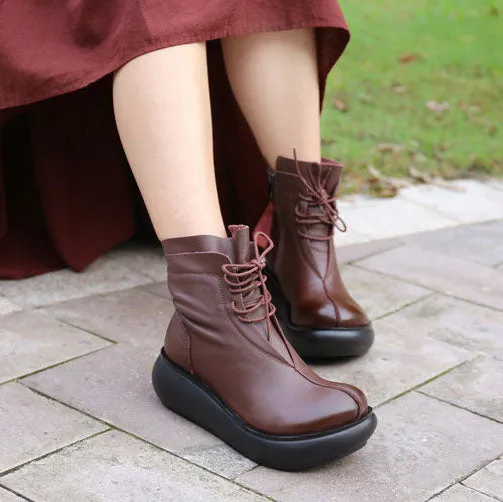 Handmade Comfortable Lace-up Retro Wedge Boots