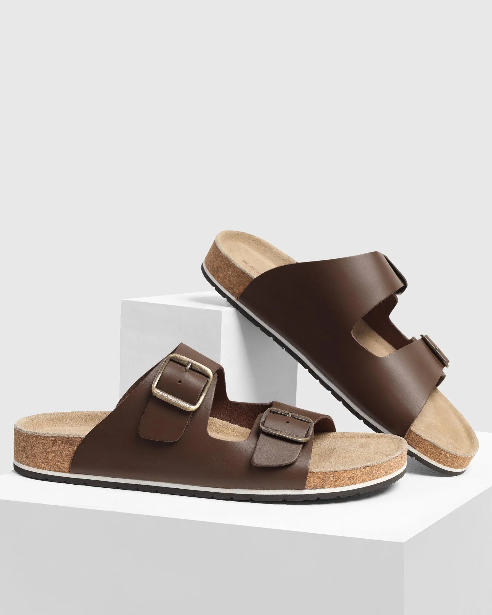 Leather Brown Solid Sandals - Shon