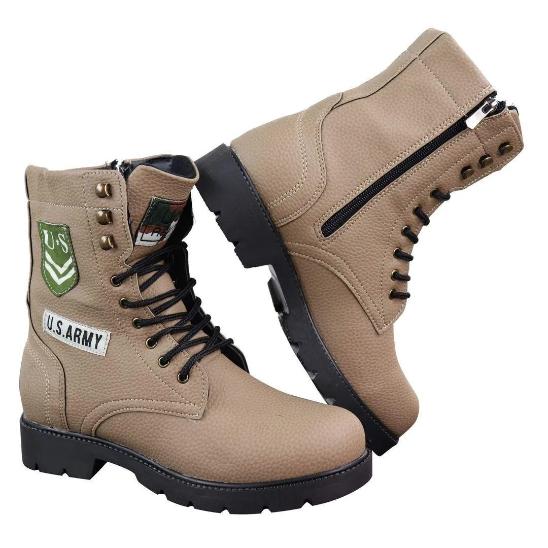 Mens US Military Army Laced Zip Ankle Boots Casual Combat Hiking PU Leather