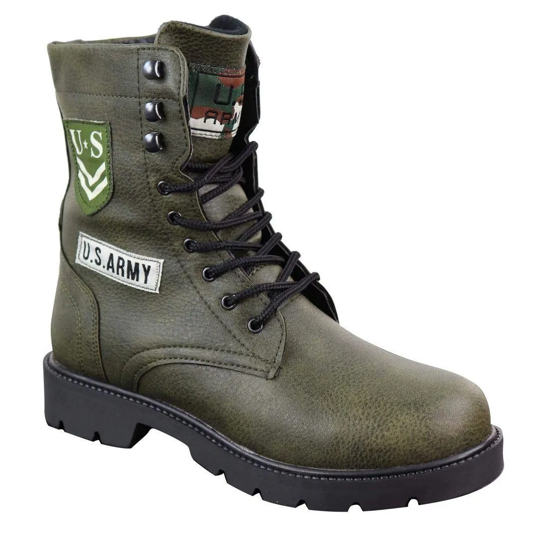 Mens US Military Army Laced Zip Ankle Boots Casual Combat Hiking PU Leather