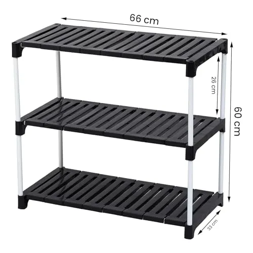 Portable Shoe Rack Organizer - Metal Rod & Plastic Shelves | Adjustable & Space-Saving Stand | Multipurpose Storage for Shoes, Books, Clothes, Kitchen, Bathroom, (3 Steps, Black)