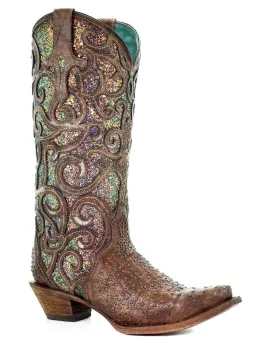 Women's Cognac Glitter Inlay Western Boots