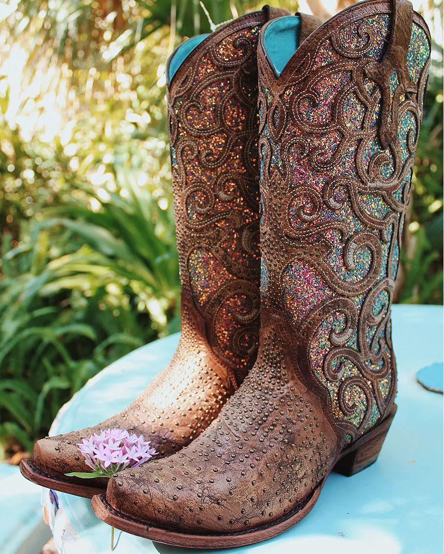 Women's Cognac Glitter Inlay Western Boots