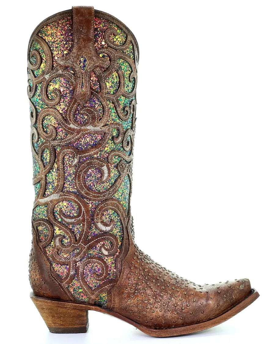 Women's Cognac Glitter Inlay Western Boots